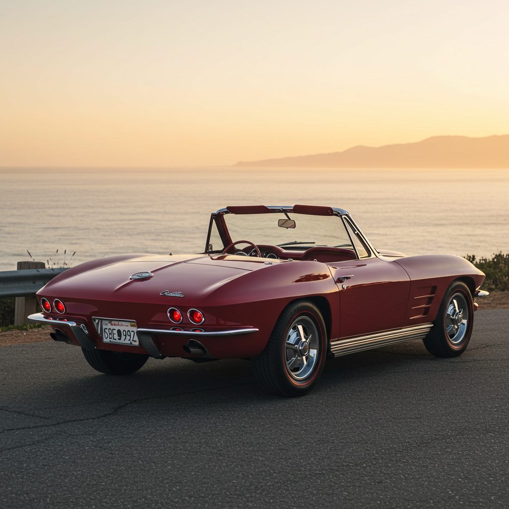 Red classic Corvette convertible at sunset